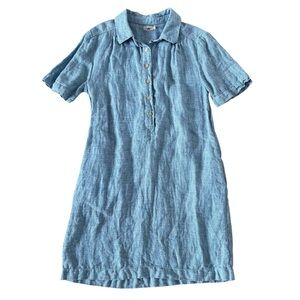Faherty Hana Shift Dress Womens Size XS Blue Linen Basketweave Pockets Preppy